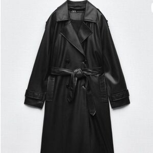 Zara Belted Black Faux Leather Trench Coat
